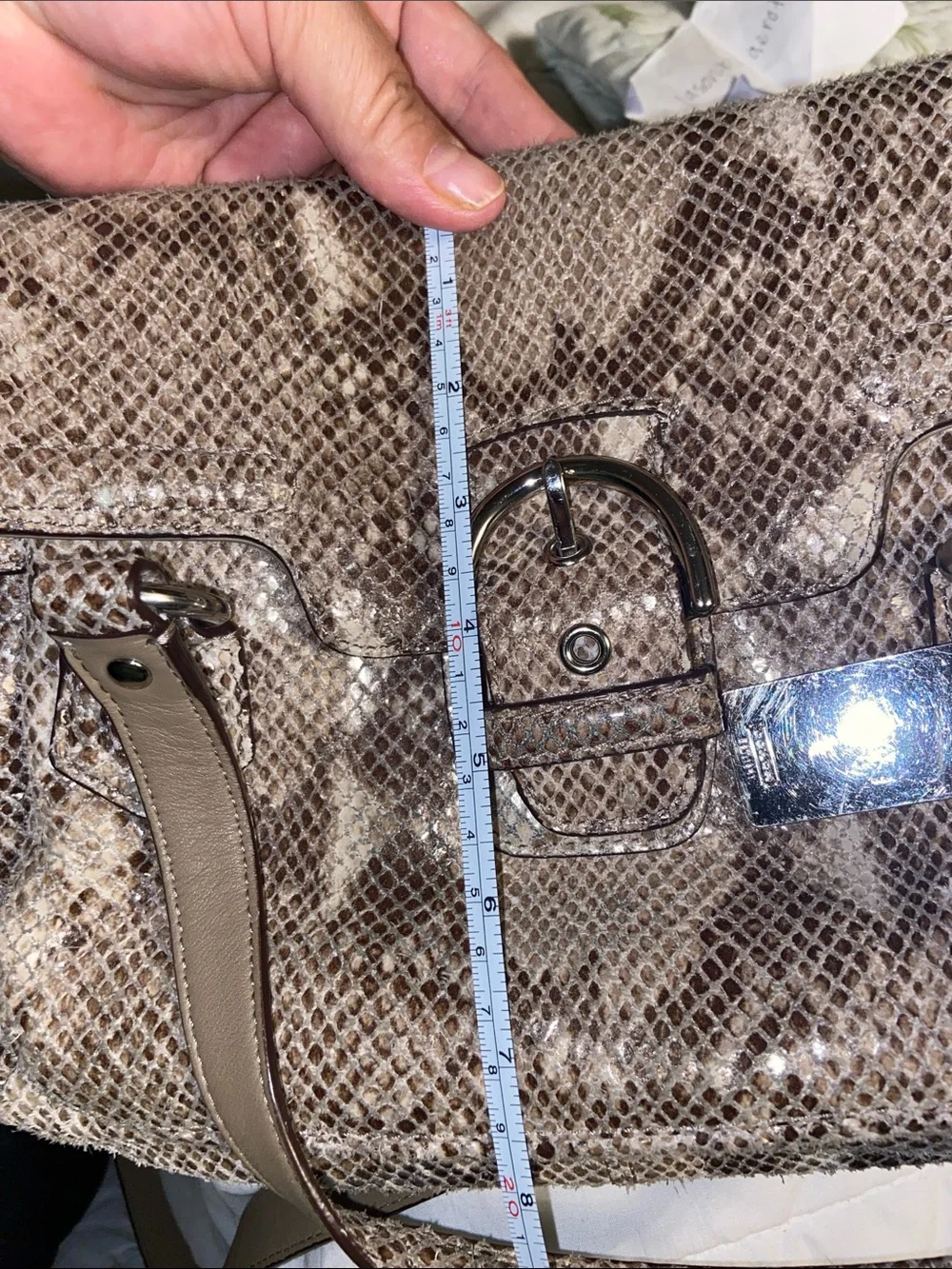 Coach Snake-Embossed Shoulder Bag in Taupe and Beige
